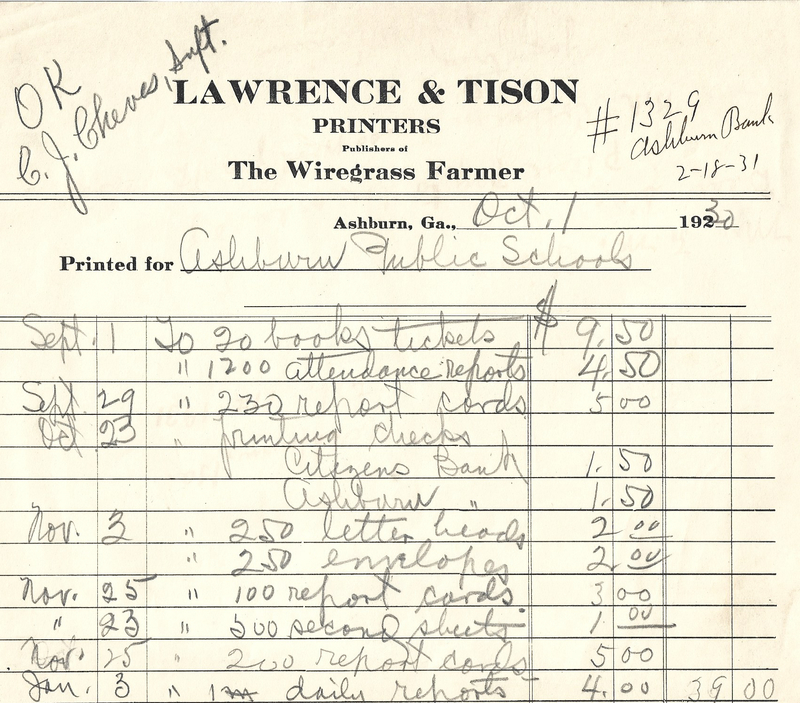 Ashburn Public Schools - Lawrence and Tison bill October 1, 1930.jpg