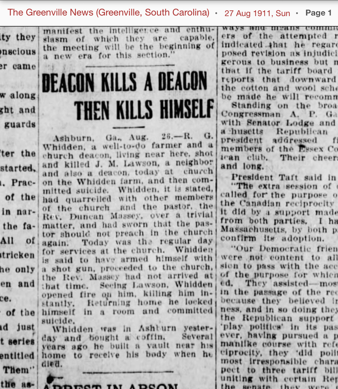 Deacon Kills a Deacon then Kills Himself - The Greenville News (SC) 27 Aug 1911 page 1.PNG