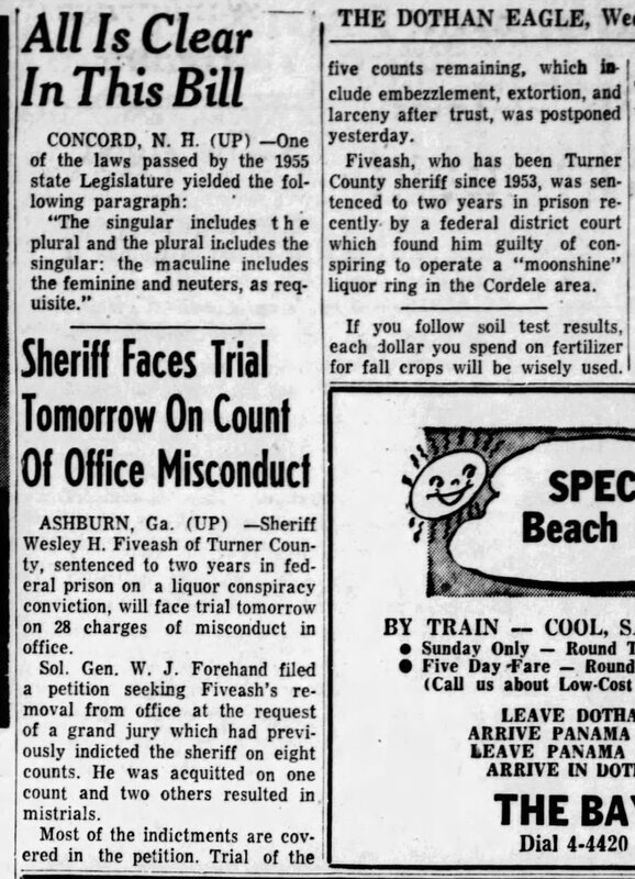 Sheriff [Wesley Fiveash] faces trial tomorrow - The Dothan Eagle 17 Aug 1955 page 3.JPG
