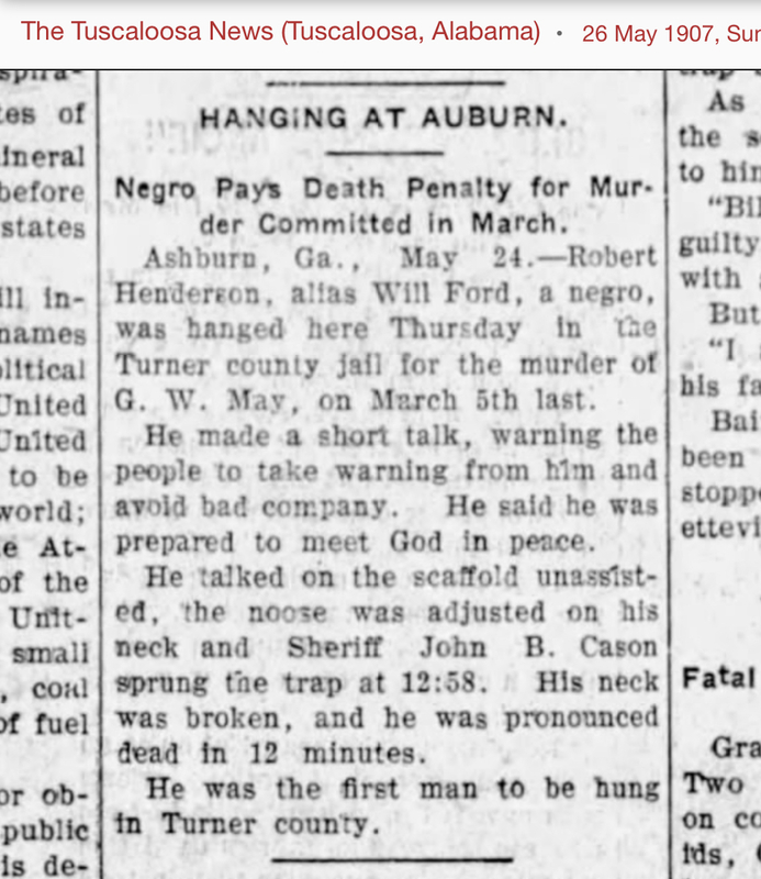 Hanging at Ashburn - Will Ford or Robert Henderson - Tuscaloosa News - 26 May 1907.PNG