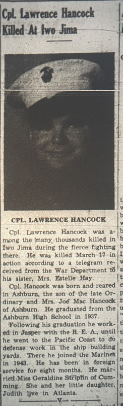 1945 Apr 12 WGF - Lawrence Hancock killed at Iwo Jima.jpg