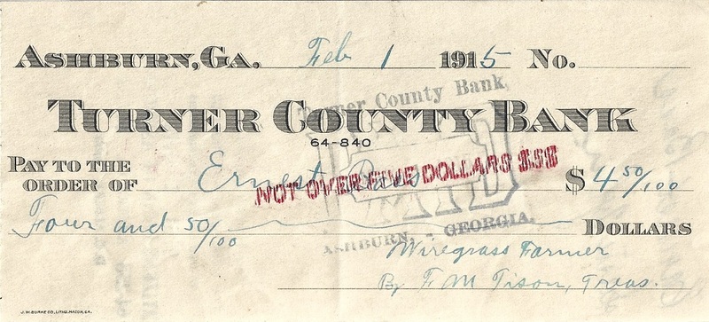 Wiregrass Farmer - Ernest Bass Check - Turner County Bank - Feb 1 1915.jpg.jpg