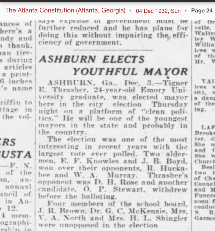 Ashburn Elects Youthful Mayor - Tigner Thraser - The Atlanta Constitution 04 Dec 1932 page 24.PNG