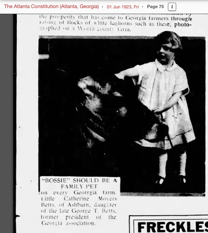 Catherine Moyers Betts, daughter of George T Betts with cow Bossie - The Atlanta Constitution 01 June 1923.PNG
