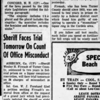 Sheriff Faces Trial Tomorrow on Count of Office Misconduct, c. 1955