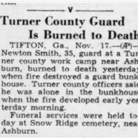 Turner County Guard is Burned to Death, c. 1942