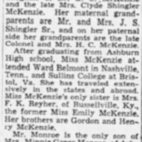 Katherine Beverly McKenzie engagement announcement to Bill Greer Monroe - Atlanta Constitution Nov 21 1937.JPG