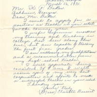 Letter from potential teacher [Miss Clarette Bessent] to K. P Baker requesting position - March 16, 1931 1.jpg