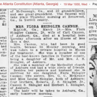 Flora Shingler Cannon wife of Carl Cannon died - The Atlanta Constitution 19 Mar 1930 page 7.PNG