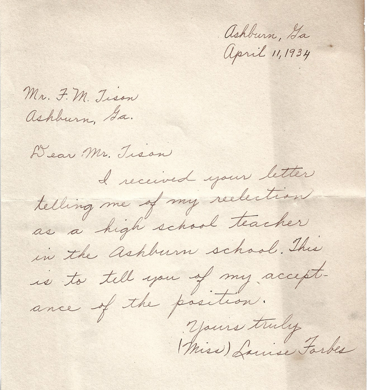 Letter from teacher [Miss Louise Forbes] to FM Tison accepting position - April 11, 1934.jpg