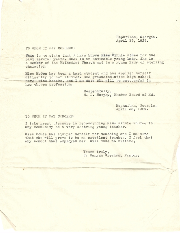 Letter from potential teacher [Miss Minnie McGee] to Secretary of the Board of Trustees Ashburn Public Schools requesting position - August 1, 1930 2.jpg