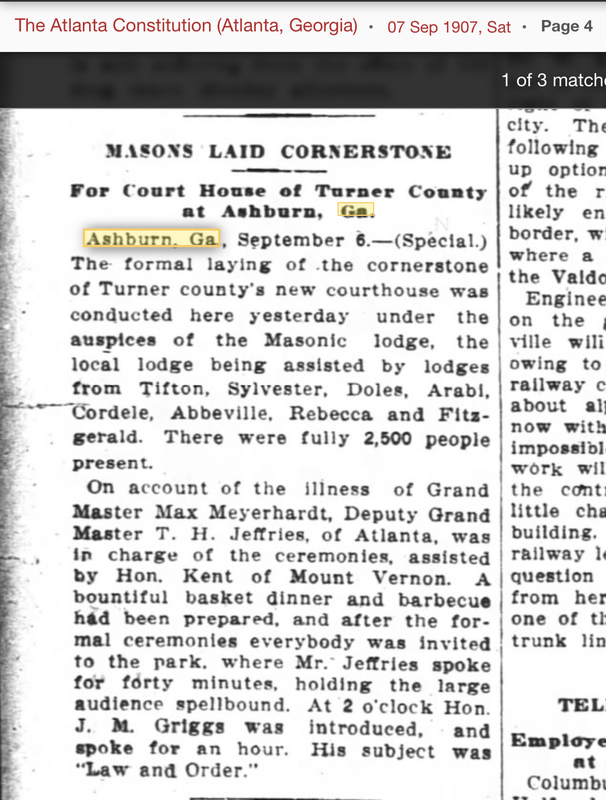 Masons Laid Cornerstone (at TC Court House) - The Atlanta Constitution - 07 Sep 1907 page 4.PNG
