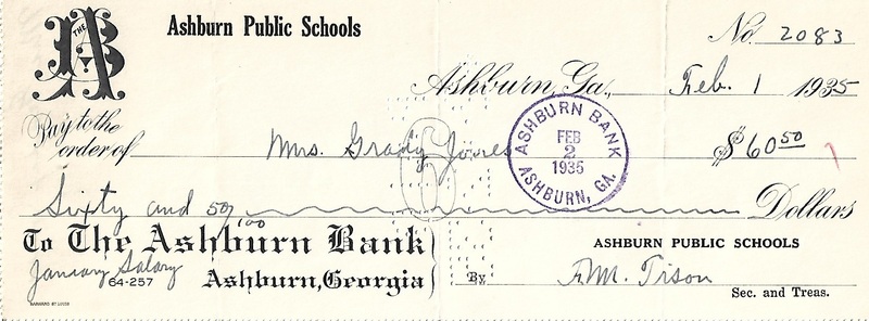 Ashburn Public Schools Bank Statement Checks - Feb 1, 1935 - Ck #2083 - Mrs. Grady Jones.jpg