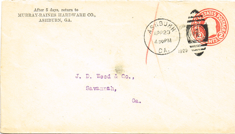 Murray-Raines Hardware Co., Ashburn, GA envelope 1920.tif