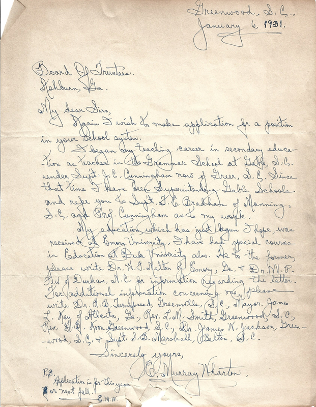 Letter from Prof. EM Wharton to Ashburn School Board of Trustees requesting consideration - January 6, 1931.jpg