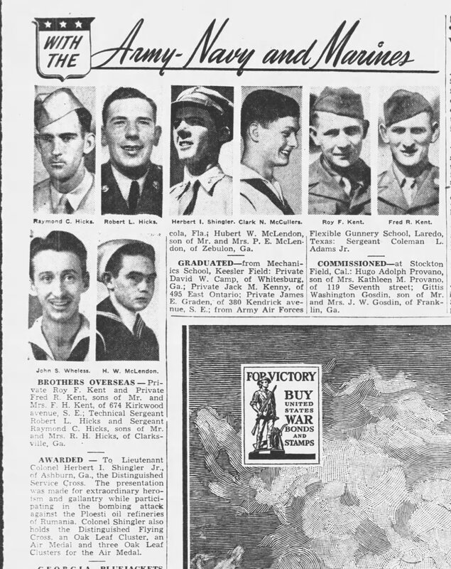 Herbert Ives Shingler Jr awarded the Distinguished Service Cross - Atlanta Constitution 18 Oct 1943 page 12.JPG