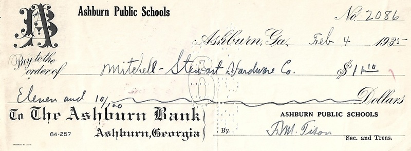 Ashburn Public Schools Bank Statement Checks - Feb 4, 1935 - Ck #2086 - Mitchell Stewart Hardware Co.jpg