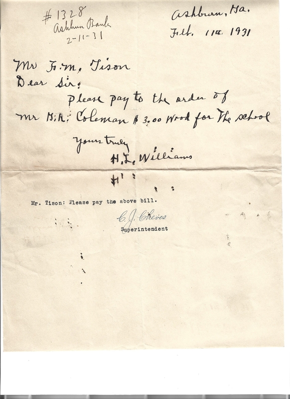 Ashburn Public Schools - Memo from H.L. Williams [prin at Eureka) and from C.J. Cheves (superintendent) to F.M. Tison - Feb 11, 1931.jpg
