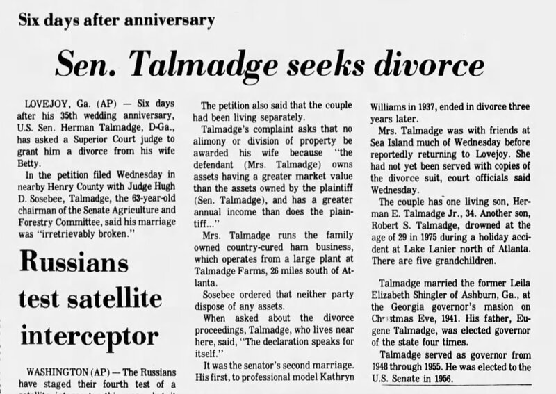 Sen. Talmadge seeks divorce from Betty Shingler Talmadge - Hattiesburg American [Mississippi] Dec 30 1976 page 12.JPG