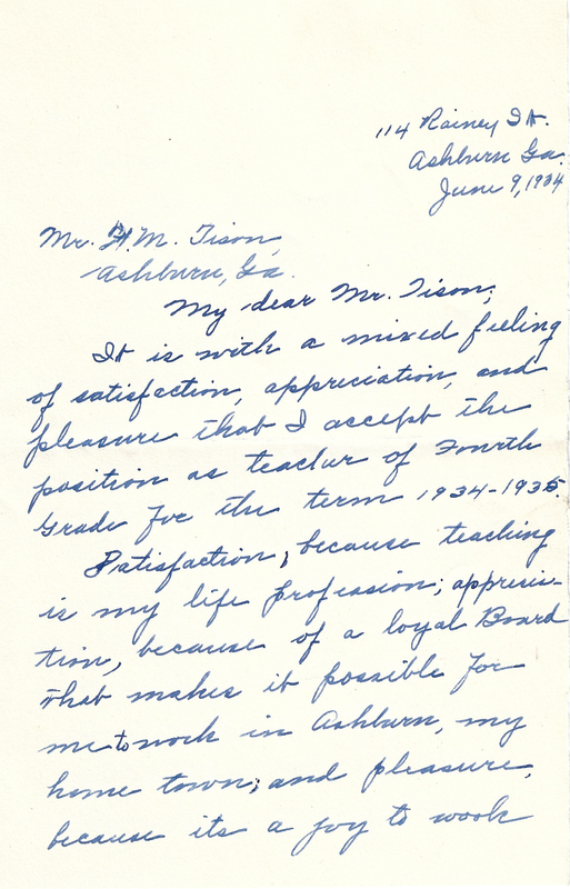 Letter from teacher [Mrs. L. R. Whatley] to FM Tison accepting position - June 9, 1934 1.jpg