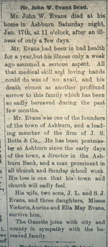 John West Evans death annoucement in The Tifton Gazette, January 22, 1904.jpg