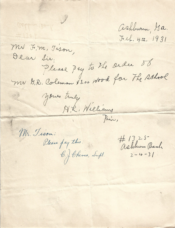 Ashburn Public Schools - Memo from H.L. Williams [prin at Eureka) and from C.J. Cheves (superintendent) to F.M. Tison - February 4, 1931.jpg