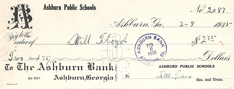 Ashburn Public Schools Bank Statement Checks - Feb 8, 1935 - Ck #2087 - Will Floyd.jpg