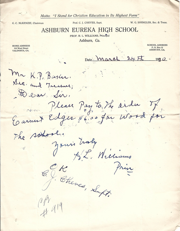 Ashburn Public Schools - Memo from H.L. Williams [prin at Eureka) and from C.J. Cheves (superintendent) to K.P. Baker - March 24, 1930.jpg