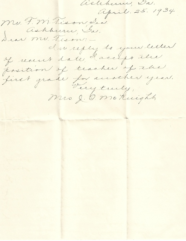 Letter from teacher [Mrs. J.C. McKnight] to FM Tison accepting position - April 25, 1934.jpg