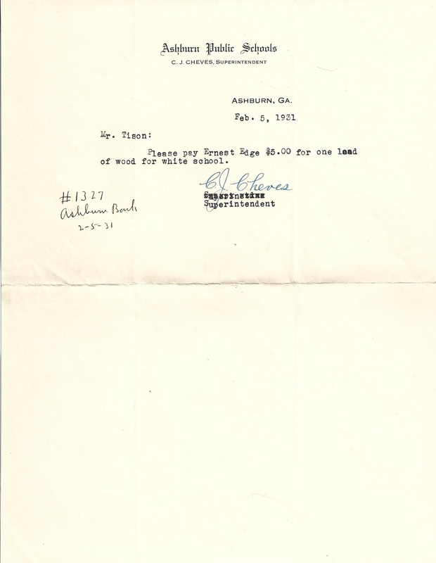 Ashburn Public Schools - Memo from C.J. Cheves (superintendent) to F.M. Tison - Feb 5, 1931.jpg