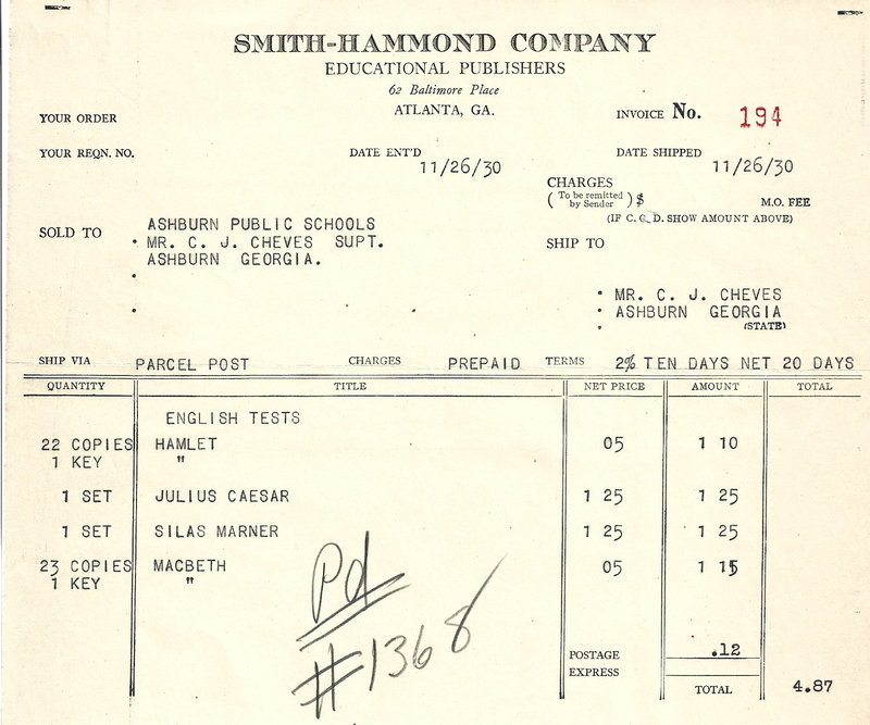 Ashburn Public Schools - Vendors pd. - bill from Smith-Hammond Company for English Tests - November 26, 1930.jpg