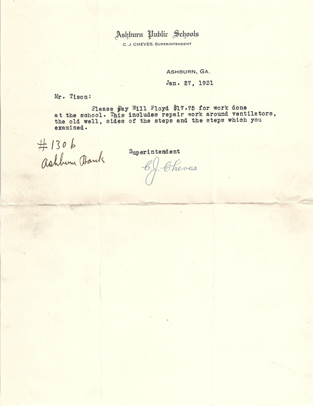 Ashburn Public Schools - Memo from C.J. Cheves (superintendent) to F.M. Tison - Jan. 27, 1931.jpg