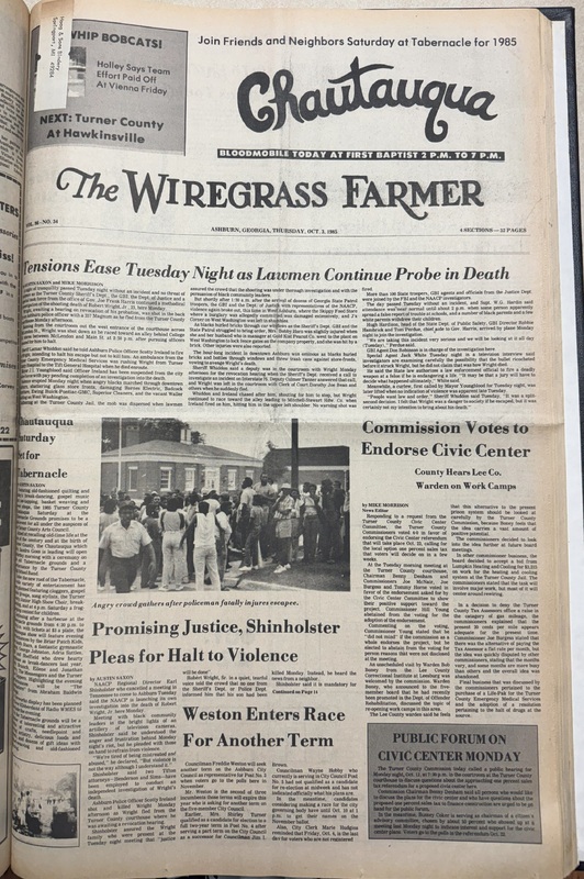 The Wiregrass Farmer October 3, 1985 - Tensions Ease Tuesday Night as Lawmen Continue Probe in Death full page 1 of 4.jpg