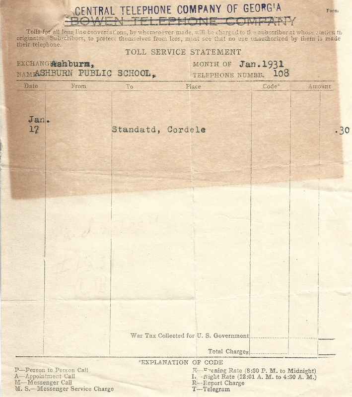 Ashburn Public Schools - Central Telephone Company of Georgia bill Jan 1931 1.jpg