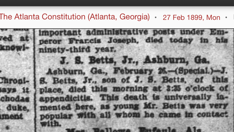 Death of JS Betts Jr. death announcement - The Atlanta Constitution 27 Feb 1899.PNG