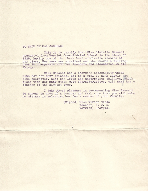 Letter from potential teacher [Miss Clarette Bessent] to K. P Baker requesting position - March 16, 1931 3.jpg