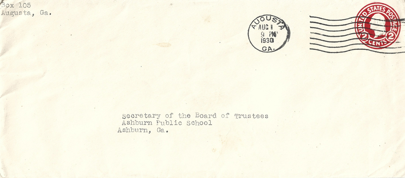 Letter from potential teacher [Miss Minnie McGee] to Secretary of the Board of Trustees Ashburn Public Schools requesting position - August 1, 1930 envelope.jpg