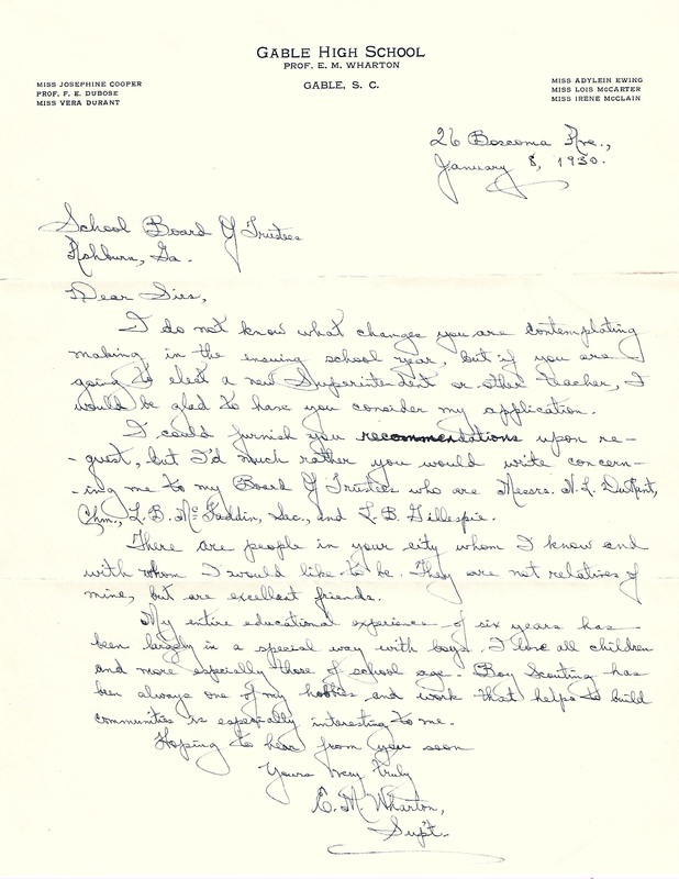 Letter from Prof. EM Wharton to Ashburn School Board of Trustees requesting consideration - January 8, 1930.jpg