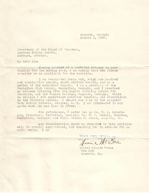 Letter from potential teacher [Miss Minnie McGee] to Secretary of the Board of Trustees Ashburn Public Schools requesting position - August 1, 1930 1.jpg