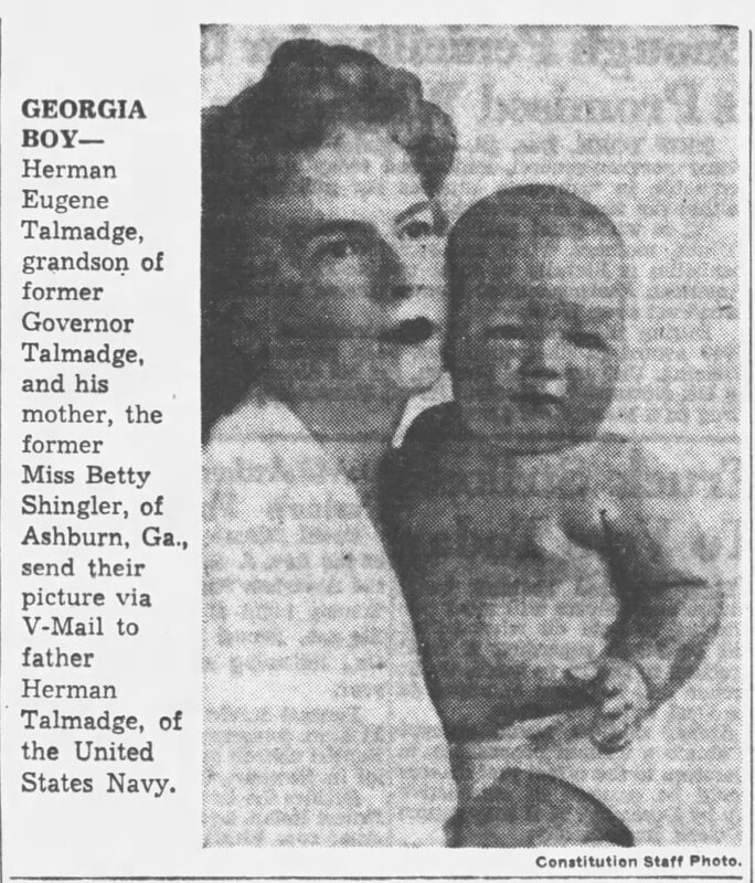 Betty Shingler Talmadge and Herman Eugene Talmadge Atlanta Constitution 14 Dec 1943 page 11.JPG