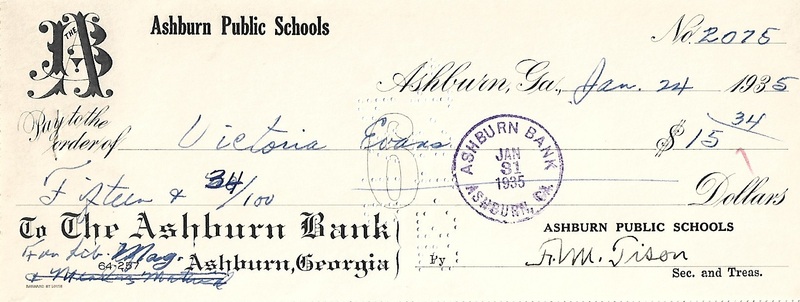 Ashburn Public Schools Bank Statement Checks - Jan 24, 1935 - Ck #2075  - Victoria Evans 1.jpg