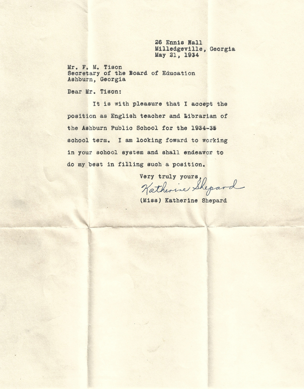 Letter from teacher [Miss Katherine Shepard] to FM Tison accepting position - May 21, 1934.jpg