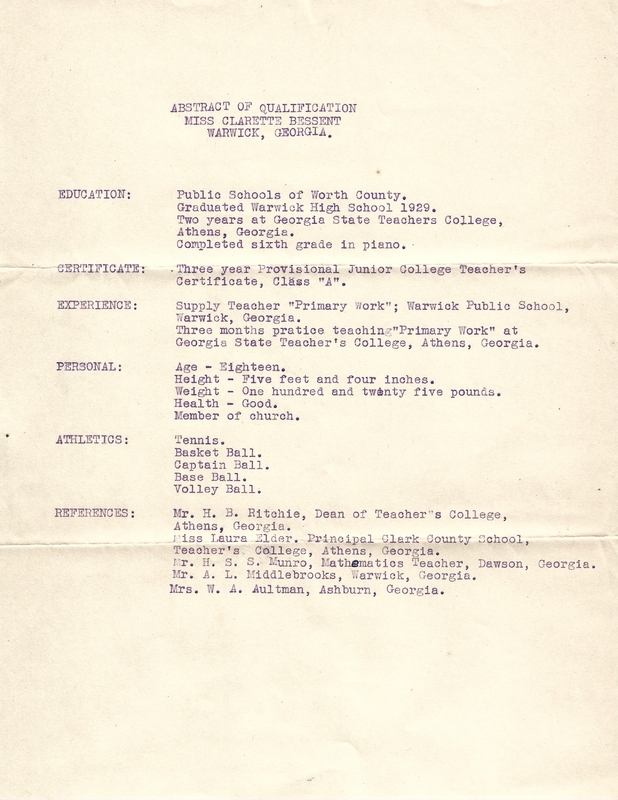 Letter from potential teacher [Miss Clarette Bessent] to K. P Baker requesting position - March 16, 1931 2.jpg