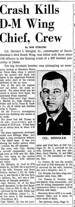 Crash Kills D-M Wing Cheif, Crew [Herbert Shingler Jr.] - Tuscon Daily Citizen 3 Apr 1959 page 1.JPG