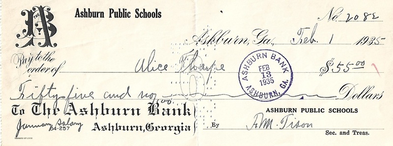 Ashburn Public Schools Bank Statement Checks - Feb 1, 1935 - Ck #2082 - Alice Tharpe.jpg