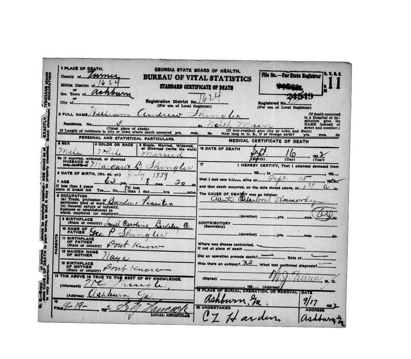 Death of William Andrew Shingler - Death Certificates, Vital Records, Public Health, RG 26-5-95, Georgia Archives.jpg