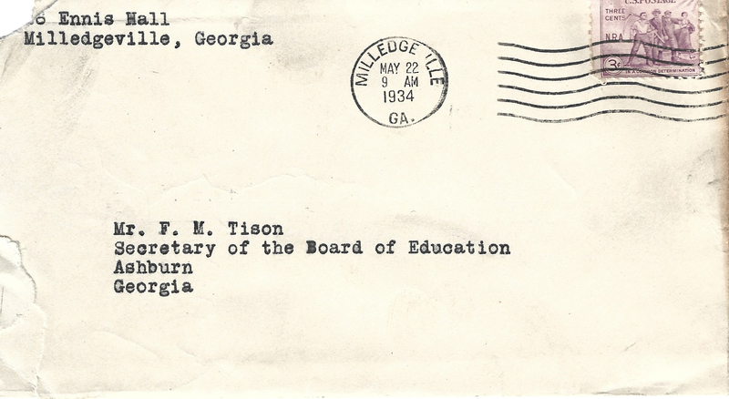 Letter from teacher [Miss Katherine Shepard] to FM Tison accepting position - May 21, 1934 envelope.jpg