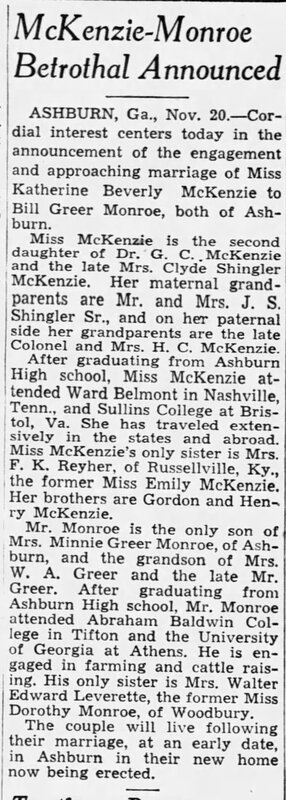 Katherine Beverly McKenzie engagement announcement to Bill Greer Monroe - Atlanta Constitution Nov 21 1937.JPG