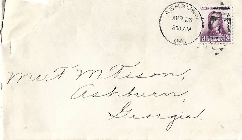 Letter from teacher [Mrs. J.C. McKnight] to FM Tison accepting position - April 25, 1934 envelope.jpg