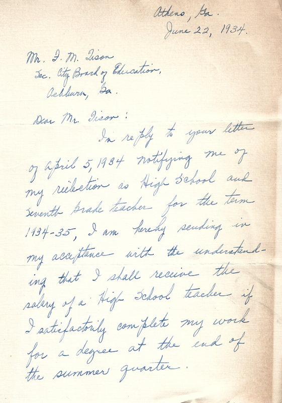 Letter from teacher [Laura Sue Hawkins] to FM Tison accepting position - June 22, 1934 1.jpg